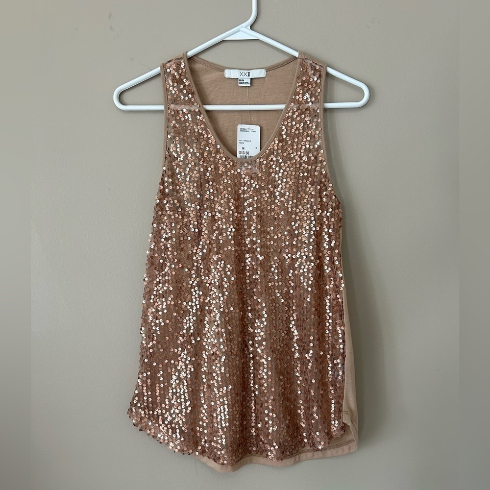 NWT Forever 21 Vintage Sequin Rose Gold Racer Back Tank Top Women’s Size…